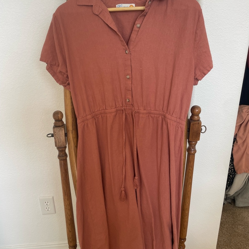 Rust Orange Button-Up Dress C&C linen blend